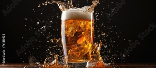 A glass of beer is spilling onto a table, creating a small puddle of liquid. The event is a casual gathering where food and drinks are being enjoyed photo