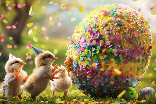 A group of baby chicks wearing tiny party hats peck at a giant, colorful Easter egg confetti pi?+/-ata.