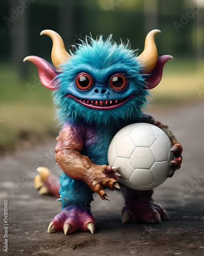 Cute little 3d monster with playing ball  for characters design  for ilustrations design  for 3d design.