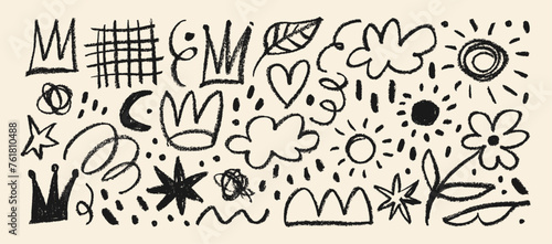 Collection of hand drawn charcoal doodle shapes and squiggles in childish girly style.