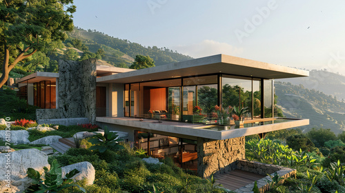 A hilltop modernist villa with wrap-around windows offering panoramic views of the valley below.