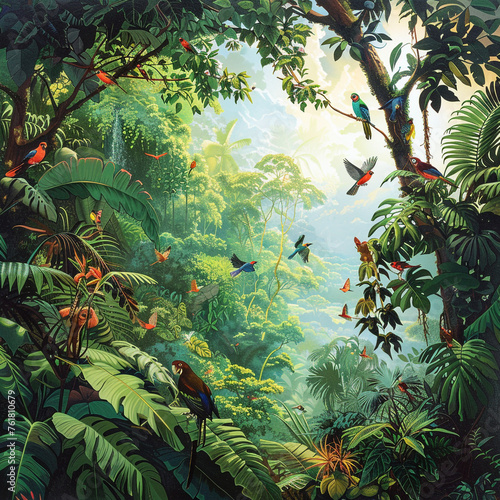  A lush tropical rainforest canopy alive with colorful birds and monkeys swinging through the dense foliage under clear skies. --v 6.0 - Image  1  Zubi