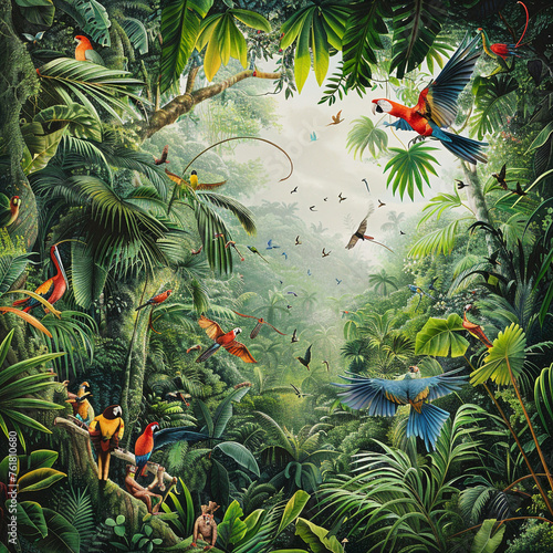 :A lush tropical rainforest canopy alive with colorful birds and monkeys swinging through the dense foliage under clear skies. --v 6.0 - Image #4 @Zubi photo