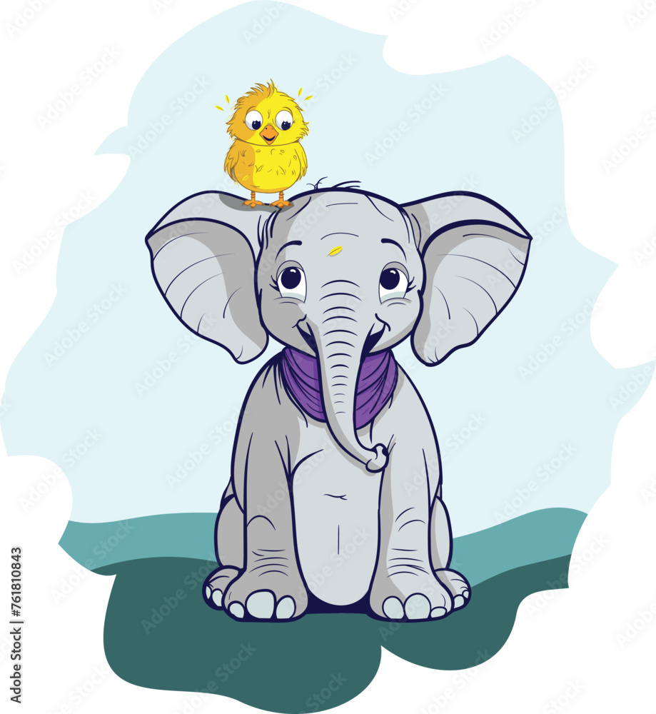 Baby Elephant with a baby bird on his shoulder. Friendly Animals. Baby Elephant with a baby bird on his shoulder. Friendly Animals.