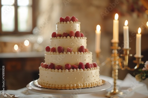 A romantic and elegant wedding setting featuring a lavish multi-tiered cake adorned with fresh raspberries and candles