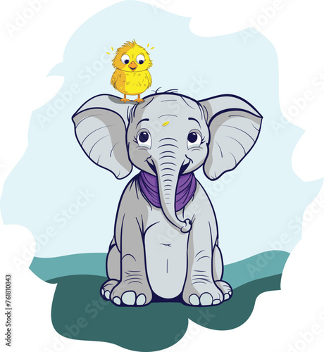 Baby Elephant with a baby bird on his shoulder. Friendly Animals.