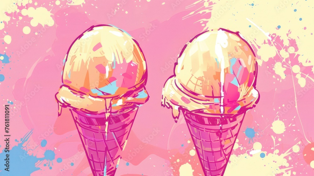 two ice cream cones sitting next to each other on a pink and blue background with splots of paint. two ice cream cones sitting next to each other on a pink and blue background with splots of paint.