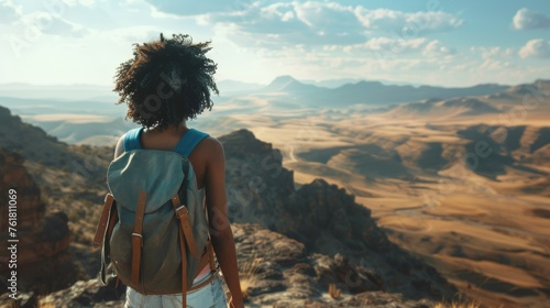 A lone person with a backpack peers into the endless desert expanse from a high vantage point, evoking a sense of adventure