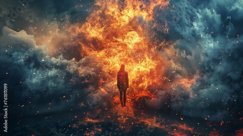 A person standing in front of a fire and clouds, AI photo