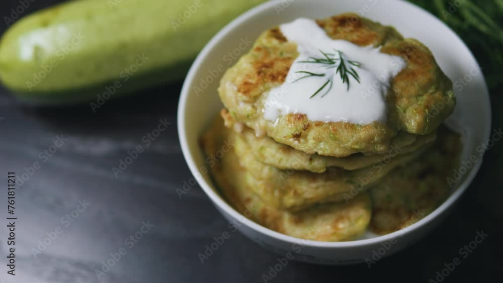 Zucchini fritters pancakes. Close up. Healthy eating concept. Zucchini fritters pancakes. Close up. Healthy eating concept.