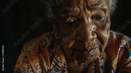 Image captures a dignified elderly woman's traditional dress and hair texture; the face is hidden