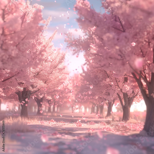A peaceful grove of cherry blossom trees in full bloom with petals gently falling like pink snowflakes in the breeze.