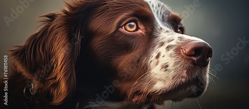 A closeup of a Pontaudemer spaniel, a brown and white carnivorous dog breed, with a livercolored snout and ears, looking up. Known as a working animal and companion dog photo