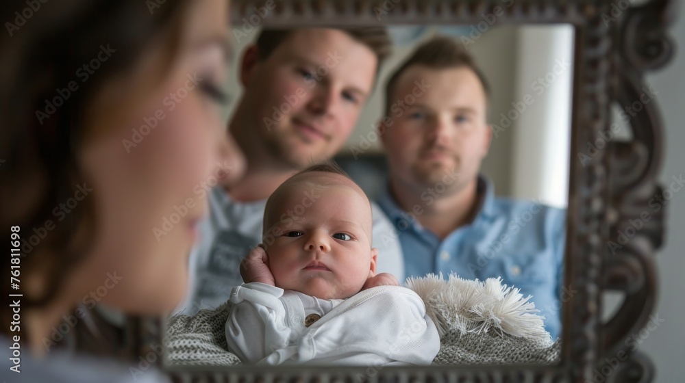 An intimate moment of a family with their baby, reflected in an ornate mirror in a warmly lit room An intimate moment of a family with their baby, reflected in an ornate mirror in a warmly lit room