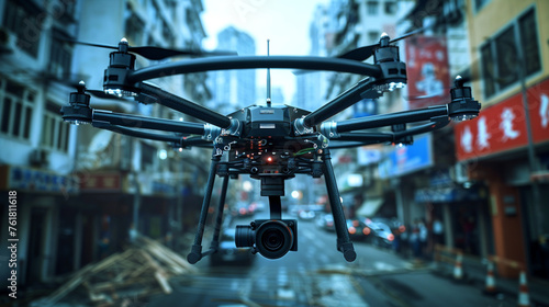 A robotic surveillance drone, equipped with advanced sensors and cameras, hovering silently above the city streets, scanning the environment for any signs of unrest or illegal activity. photo