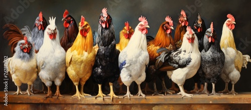 A group of chickens, members of the Phasianidae family under the Galliformes order, stand side by side on a wooden shelf, displaying their vibrant combs and colorful feathers photo