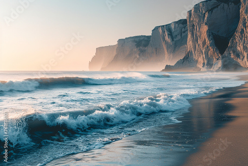 A serene seascape with gentle waves rolling onto a sandy beach at sunrise, framed by towering cliffs.