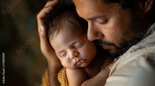 A father's loving hold on his infant in a warm colored scene symbolizes paternal love and a strong bond photo