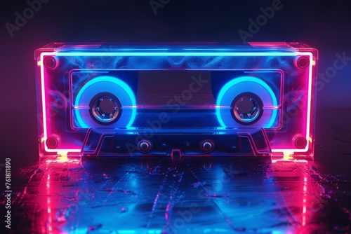 glowing neon retro audio cassette