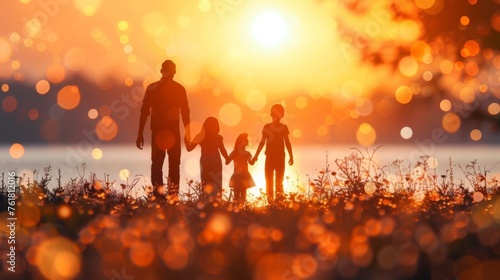 A family of three holding hands in front of a sunset, AI