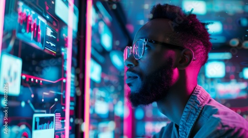 The image captures a man surrounded by striking neon colors, suggesting a cyberpunk aesthetic and themes of digital immersion and future urbane life