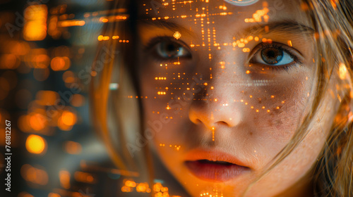 Child with augmented digital technology. Child in the digital age with internet safety, cyber crime, social media bullying concept.