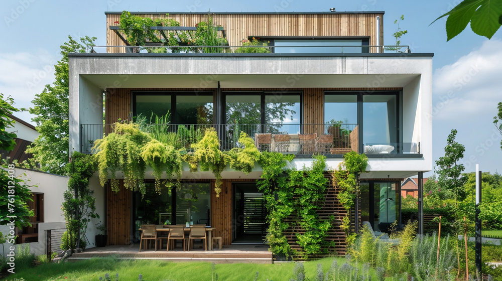 A sustainable living concept home blending natural materials and greenery for a harmonious exterior. A sustainable living concept home blending natural materials and greenery for a harmonious exterior.