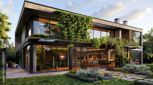 A sustainable living concept home blending natural materials and greenery for a harmonious exterior.