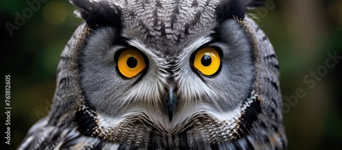 A close up of an Eastern Screech owl with yellow eyes staring directly at the camera, showcasing its grey feathers and sharp beak