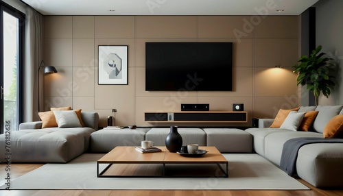 modern living room with 8K TV wall, sofa and coffee table, high-end audio sound system created with generative ai © Chaudhry