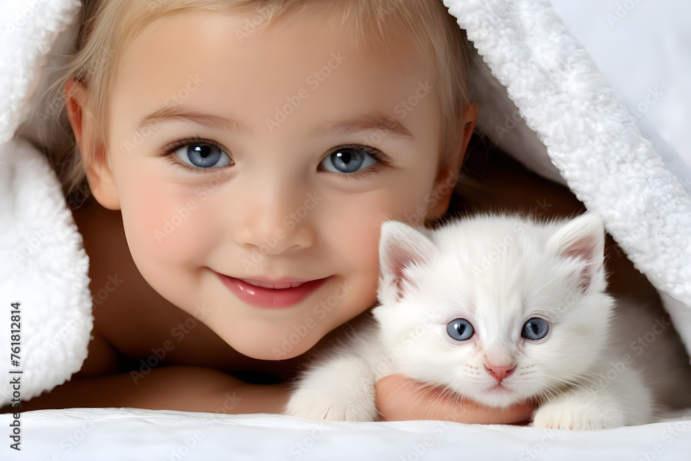 child under a blanket with a small kitten child under a blanket with a small kitten