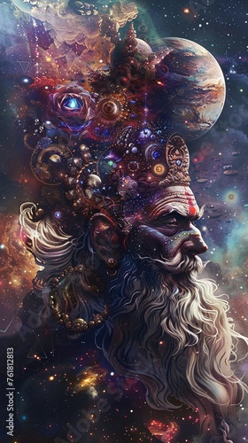 Brahma in the Cosmos Creation - A majestic scene where Brahma is visualized in a nebulous cosmos meticulously crafting galaxies and planets