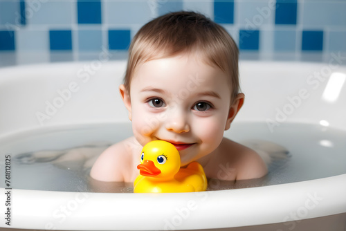 happy child swimming in the bath