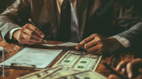 A vintage-toned image of a businessman seeking a money loan, focusing on the financial negotiation photo