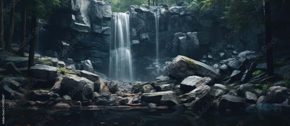 A stunning waterfall flows through rocks and trees in the heart of a forest, creating a beautiful natural landscape in the midst of the city A stunning waterfall flows through rocks and trees in the heart of a forest, creating a beautiful natural landscape in the midst of the city