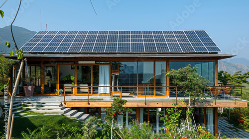 An eco-friendly home adorned with solar panels, harmonizing sustainability with style.