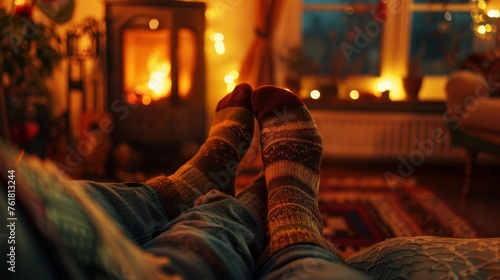 An intimate evening scene with feet warmed by a fire, wrapped in woolen socks, evoking a sense of comfort and warmth