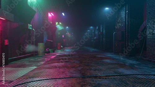 Three-dimensional loopable video animation with the long alley scape in the cyberpunk / sci-fi style