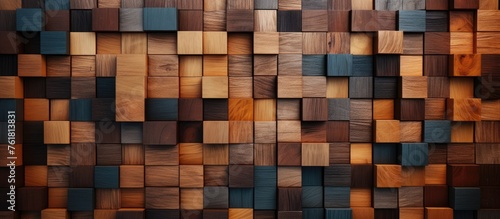 A closeup of a light brown wooden cube wall, a unique art piece used as a building facade. The rectangular shapes create a beautiful flooring material
