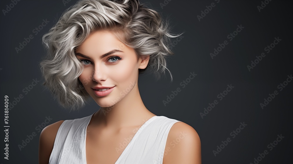 Studio image capturing the beauty of a mature white lady, looking at the camera against a gray background, displaying her fishtail braid haircut Studio image capturing the beauty of a mature white lady, looking at the camera against a gray background, displaying her fishtail braid haircut
