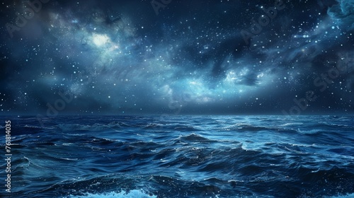 A calm and mystical sea under a starry night sky, depicted in an oil painting style. photo