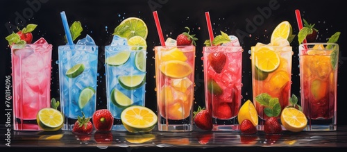 A display of vibrant beverages featuring various juices, cocktails, and fruitinfused drinks is elegantly arranged on the table, showcasing a mix of flavors and ingredients photo