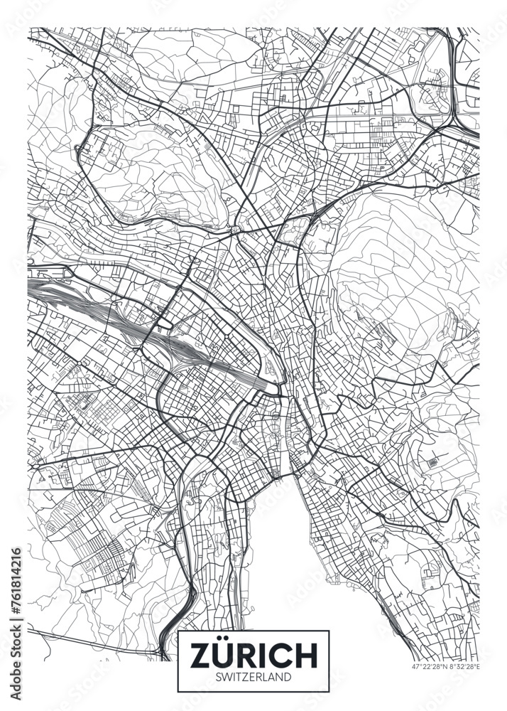City map Zürich, detailed urban planning travel vector poster design