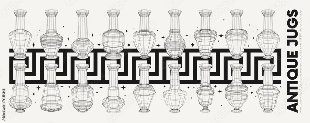 Vector graphic assets of unusual jugs wireframe with geometrical with Greek ornament, Strange stylized figures 3D surreal antique elements, graphic shapes assets inspired by brutalism