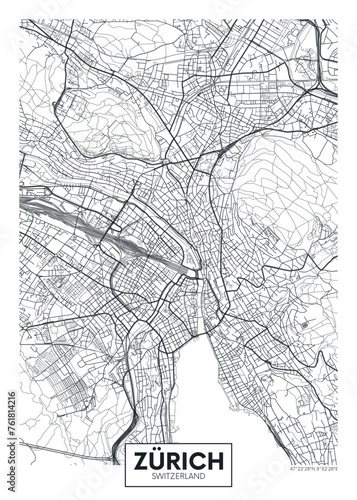 City map Zürich, detailed urban planning travel vector poster design