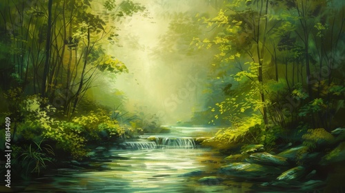 A peaceful river flowing through a lush forest, depicted in soft oil painting hues.
