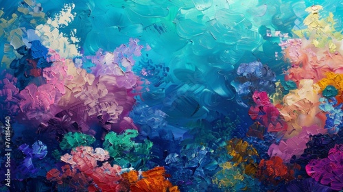 A vibrant coral reef underwater scene, portrayed with abstract oil paint textures.