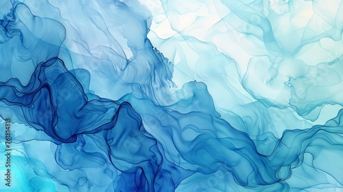 Abstract watercolor background with fluid blue and turquoise patterns resembling ocean waves. © furyon