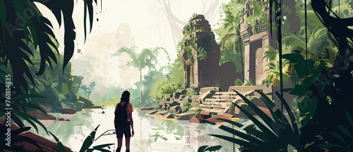 Craft a scene from a lost explorers journal depicting a moment of awe as they stumble upon an ancient city hidden in the jungle photo