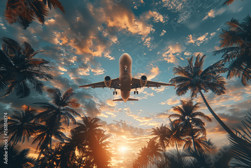 Airplane takes off to tropical destinations, view from below, very close to palm trees. Travel concept. © Collorio